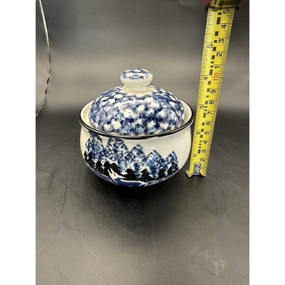 Wolf by Tienshan Folk Craft Lidded Sugar Bowl Sponge Painted Country Cabin - Picture 10 of 11